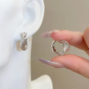 Elegant Twisted Mesh Texture Hoop Earrings Women Copper Silver Plated C Shaped Minimalist Jewelry With Silver Earring Post
