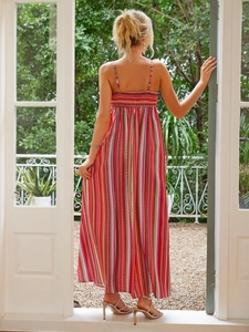 Back view of colorful striped summer maxi dress with spaghetti straps and open back detail