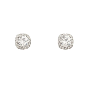 Elegant halo stud earrings with round center stone and pave diamond border in silver