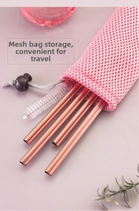 Rose gold stainless steel straws set with cleaning brush and pink mesh carry bag