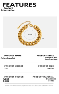 Detailed size specifications for a 1cm wide gold Cuban link bracelet in stainless steel