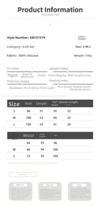 Size chart for green knit skirt set with detailed dimensions and fabric specifications
