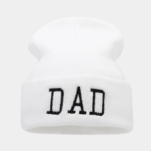 White knitted beanie with black DAD embroidery for men and women winter warmth