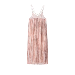 Vestido largo plisado tie-dye rosa marrón con tirantes finos y detalle de aro metálico