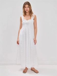 French style white lace maxi dress with floral appliqué and elastic square neckline