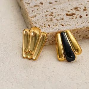 Vintage fan-shaped 18k gold plated stainless steel earrings with black enamel drip finish