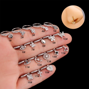 Set de piercings para nariz plateados con colgantes de circón corazón y mariposa
