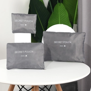 Grey travel storage bag set, multi-piece waterproof luggage organizer for clothes and shoes.