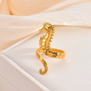 Classic 18k gold plated stainless steel seahorse open ring with textured engraving details