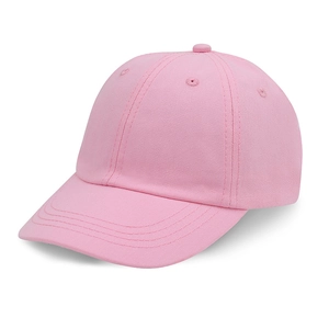 Detail view of the pink six-panel baseball cap with curved brim and premium stitching