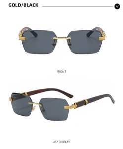 Macro detail of rimless square sunglasses with gold metal bridge and wooden grain temples