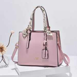 Pink PU leather tote bag with silk scarf handle and adjustable long shoulder strap