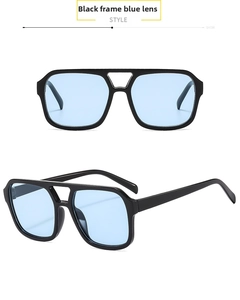 Detail of square pilot sunglasses in black frame with blue lenses for retro fashion style