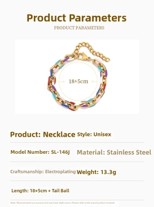 Detail view of colorful enamel stainless steel chain necklace with 18+5cm size specs