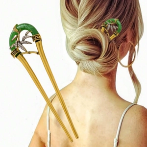 U-Förmiger Haarstab Aus Legierung Mit Grünem Jade-Imitat Und Bambusblatt Mit Strasssteinen Vintage Haarschmuck Im China-Stil