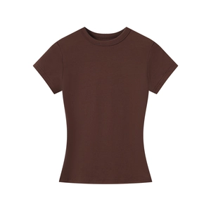 Flat lay of a slim-fit dark brown crew neck short-sleeved sports T-shirt on white background