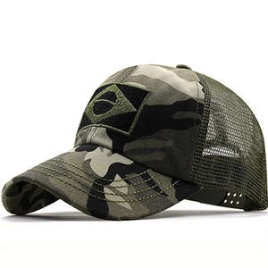 Detail of Brazil flag patch embroidery on woodland camouflage mesh trucker baseball hat