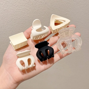 Set of 6 minimalist geometric small hair claws in black, beige, and transparent resin