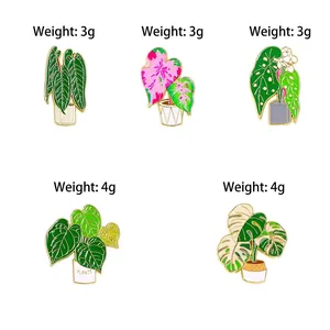 Size guide for cartoon potted plant enamel pins featuring monstera and foliage styles