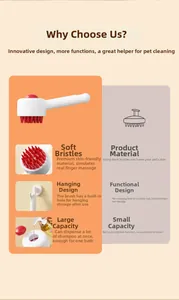 Detail of white silicone shampoo brush with red bristles and built-in liquid dispenser