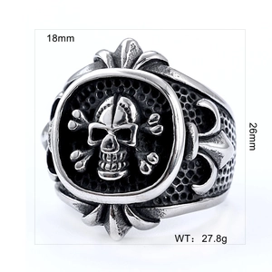 Detail view of retro punk skull ring showing 26mm height and 27.8g weight specs