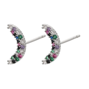 Detailed view of crescent moon stud earrings with colorful pavé-set round zircon stones