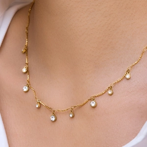 Klassieke 18K goud roestvrijstalen ketting met ronde kristallen hangers aan fijne ketting