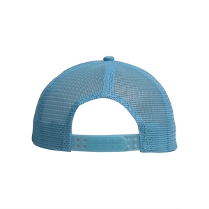 Close-up of light blue trucker hat mesh and adjustable plastic snapback closure