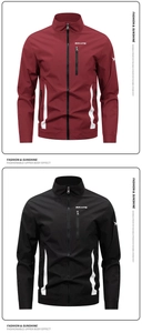 Close-up of stand collar sports jacket with contrast stripes and zip chest pocket