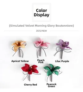 Detailed set of velvet boutonnieres in five colors with pearls and pins for weddings