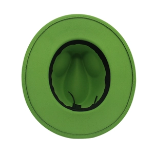 Detail view of the green wool felt fedora interior with black sweatband and adjustable drawstring