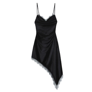 Abito In Velluto Da Donna Pizzo Scollo A V Orlo Asimmetrico Senza Maniche Slip Party Clubwear Elegante Nero
