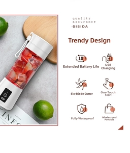 Detail of portable USB white blender with 6-blade cutter for fresh strawberry juice