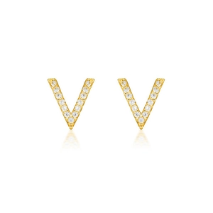 Elegante goldene Ohrstecker in V-Form mit glitzerndem Zirkonia auf weißem Hintergrund