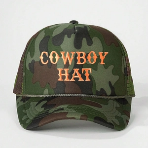 Camo trucker hat with orange Cowboy Hat embroidery and breathable mesh panels