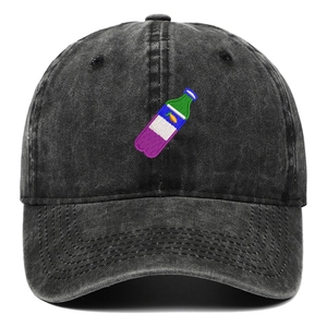 Close-up of vintage washed black cotton baseball cap with colorful bottle embroidery