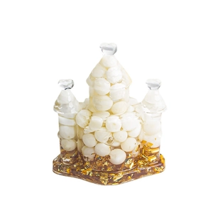 Natural amethyst crystal fairy castle resin ornament with gold flakes and heart-shaped towers