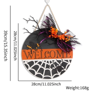 Halloween wooden welcome door sign with orange bow spider web and LED light décor