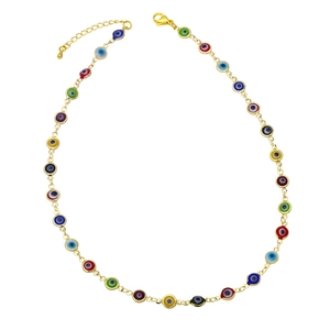 Golden chain necklace with colorful evil eye charms featuring various enamel beads