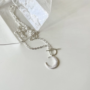 Minimalist 925 sterling silver frosted moon pendant necklace with silver OT clasp buckle
