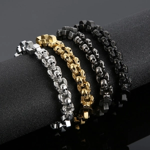 Gothic skull link bracelet in silver, gold, and black plated stainless steel finish