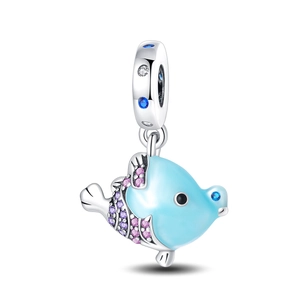Detailed view of silver fish charm with vibrant blue, pink and purple cubic zirconia
