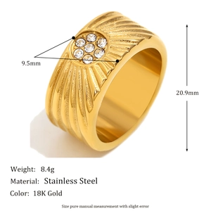 18K gold plated stainless steel ring with sunburst texture and 9.5mm width band