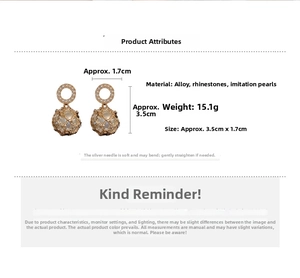 Detail showing dimensions of vintage gold mesh ball earrings with pearls and crystals
