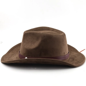 Detail of vintage brown suede cowboy hat featuring a red leather belt with metal buckles