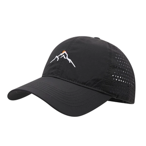 Breathable black mesh baseball cap with mountain embroidery and laser-cut side vents