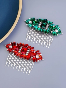 Detail of elegant emerald green and ruby red crystal hair combs with silver alloy pins