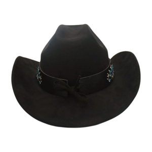Detail of a black felt cowboy hat featuring a colorful ethnic embroidered hatband