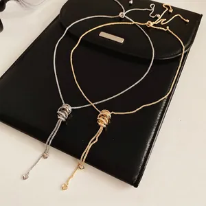 Copper Cubic Zirconia Lariat Necklace Adjustable Slide Clasp Intertwined Rings Heart Pendants Luxury Elegant For Women
