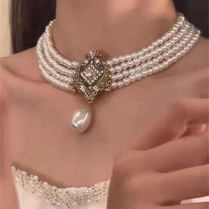 Multi Layer Artificial Pearl Choker Necklace With Alloy Water Drop Pendant Rhinestone Retro Baroque Court Style For Women
